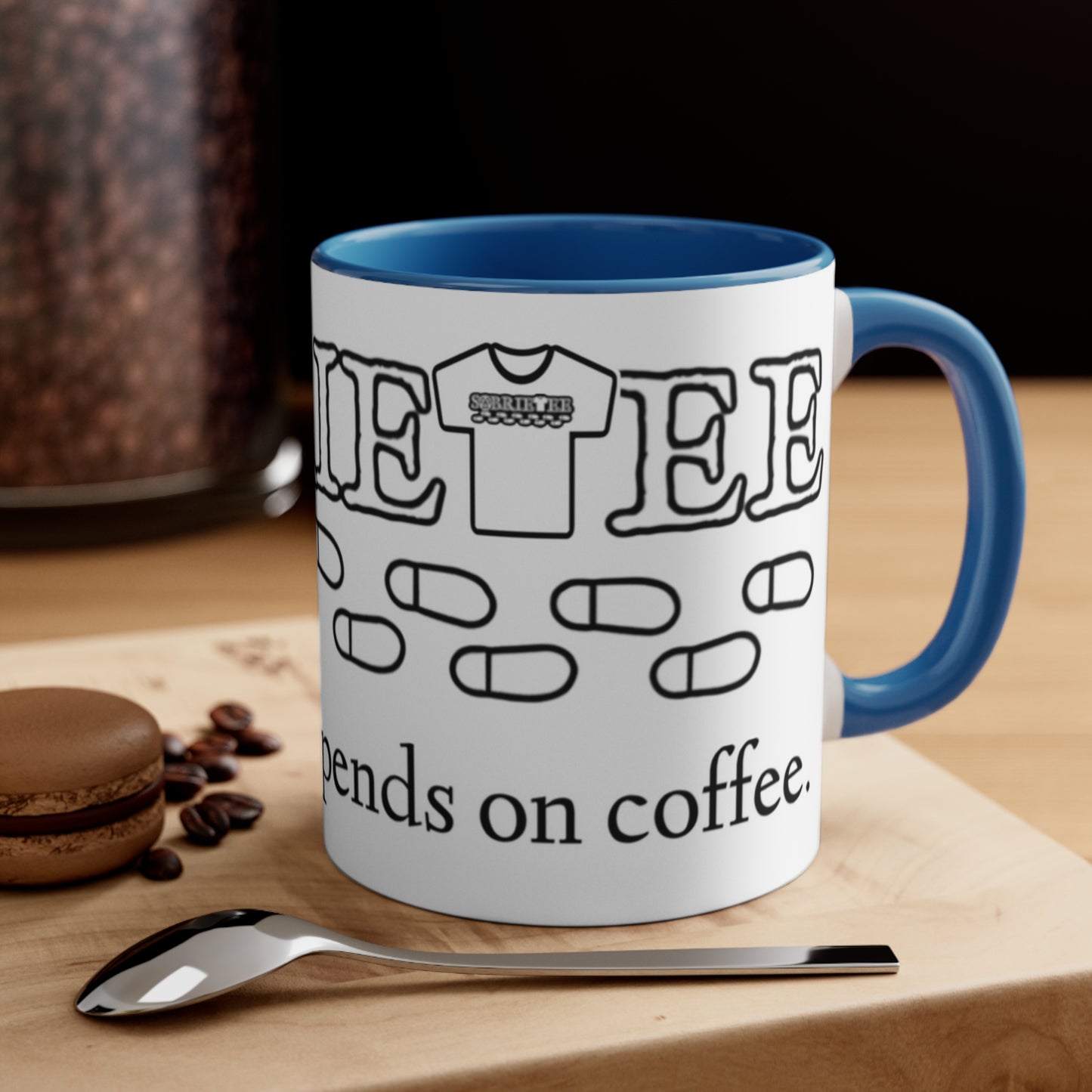 “AA unity depends on coffee.” Accent Coffee Mug, 11oz.  Sobriaatee