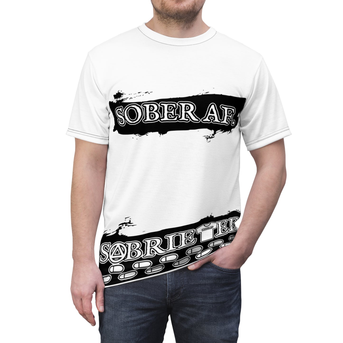 “Sober AF” Unisex Cut & Sew Tee White.  Sobriaatee