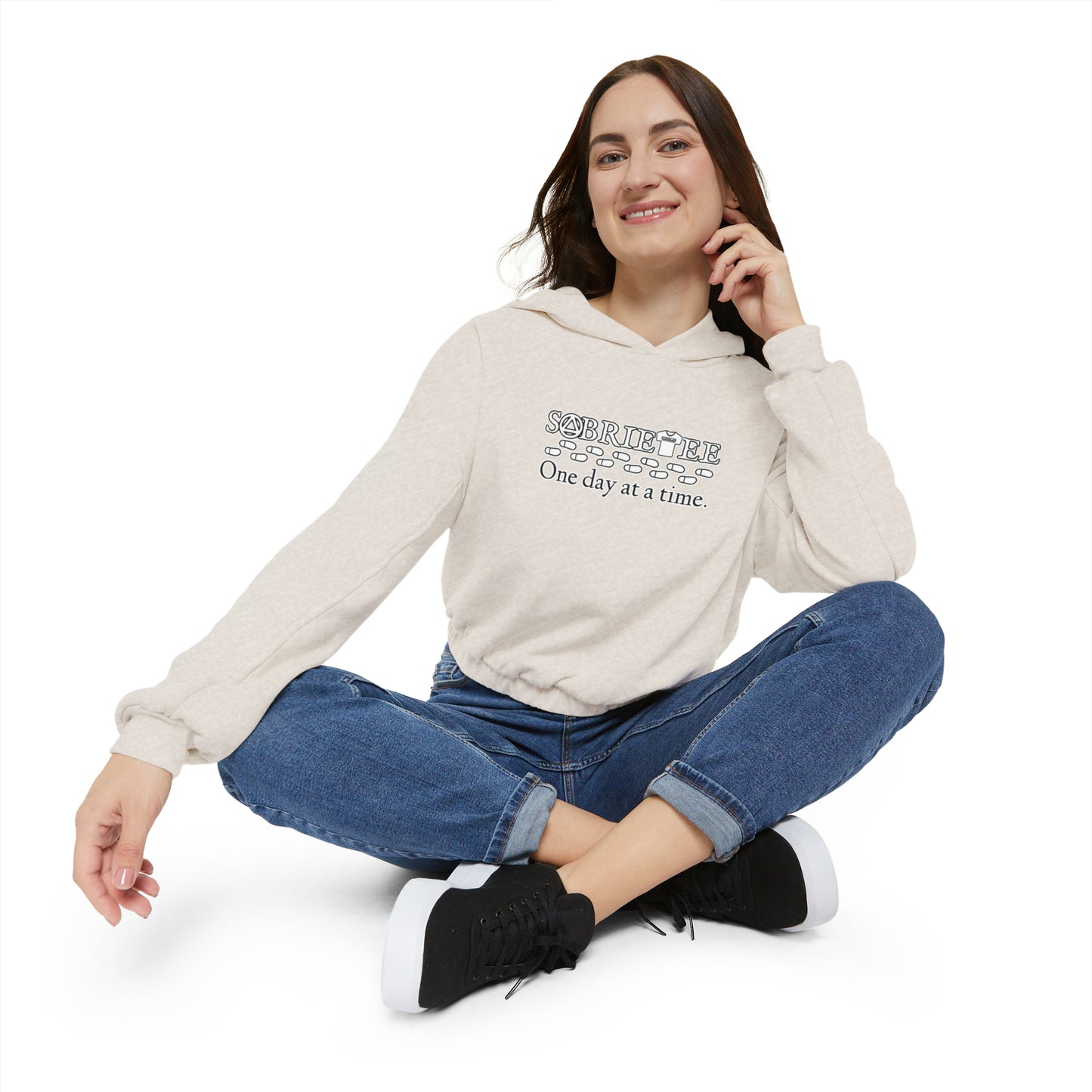 “One day at a time” Women's Cinched Bottom Hoodie.  Sobriaatee